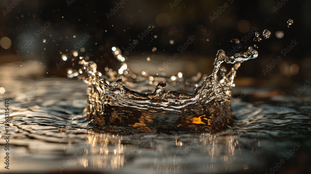 Poster a close up shot of water droplets splashing into a pool creating a crown shaped splash