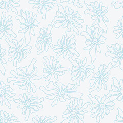 Seamless botanical pattern with outlined flowers on a soft green backdrop. Modern, organic design suitable for textiles and backgrounds. Trendy, minimalist aesthetic.