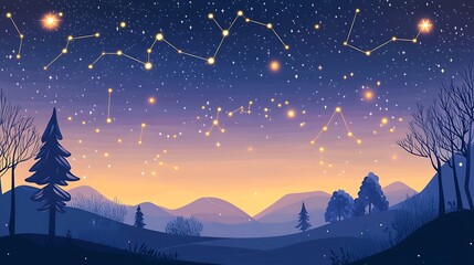 Fototapeta premium Night sky constellations over winter landscape.