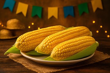 Fresh corn cobs arranged on a rustic table with a festive background, evoking the traditional Brazilian June Festival. The composition highlights corn as a staple ingredient in regional celebrations.