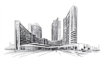 Architectural sketch of modern apartment buildings