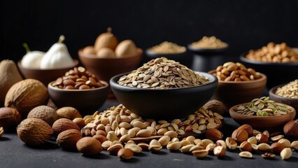 Fototapeta premium A variety of healthy foods arranged on a dark textured surface.
