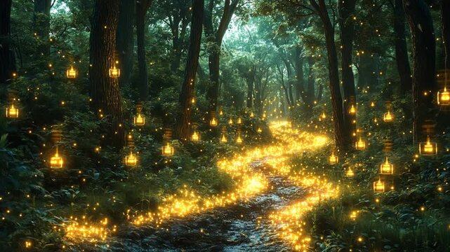 Magical forest path lit by glowing lanterns. Use Stock photo for fantasy, adventure, or nature themes