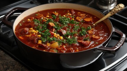 A vibrant pot of chili is filled with various ingredients, showcasing a hearty and appetizing dish that's perfect for gatherings and family meals, ready to be enjoyed.