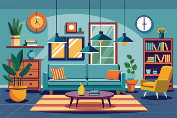 A colorful and stylish cartoon illustration of a modern living room interior design featuring furniture, plants, and lamps.