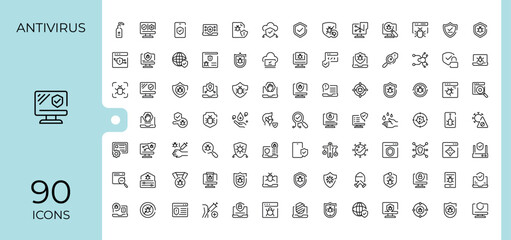 Set of Antivirus line icon. Includes thin line symbols protect, privacy, tech, defense, hacker and more. Line icons with editable stroke. Cyber icon. Vector illustration.