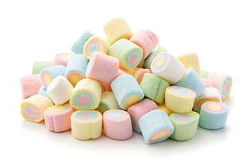 Colorful marshmallow candy pile isolated on white background