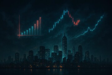 Naklejka premium City skyline at night with financial graph elements illustrating market trends and investor activity in urban setting