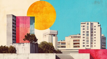 Urban landscape with modernist architecture set against a vibrant turquoise sky and oversized golden sun, showcasing geometric building forms and minimalist design elements in a stylized composition.