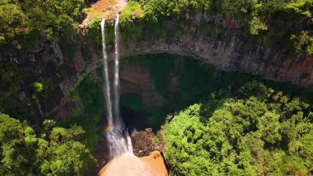 Aerial View Majestic Chamarel Falls with Soaring White Bird