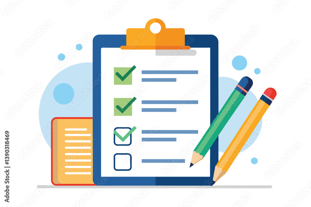 Poster a simple illustration of a checklist with pencils and a notebook. the checklist has three checkboxes