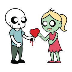 A zombie boy rips out his bloody heart and offers it to his girlfriend, a chilling yet romantic gesture of undead love beyond the grave.