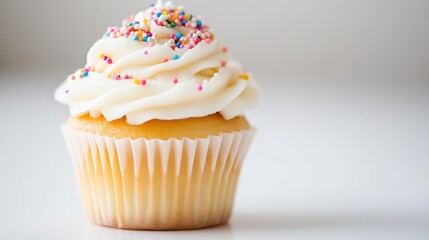 A vanilla cupcake with swirled white frosting and colorful sprinkles on top, close-up shot on a clean white background, and sweet dessert concept.