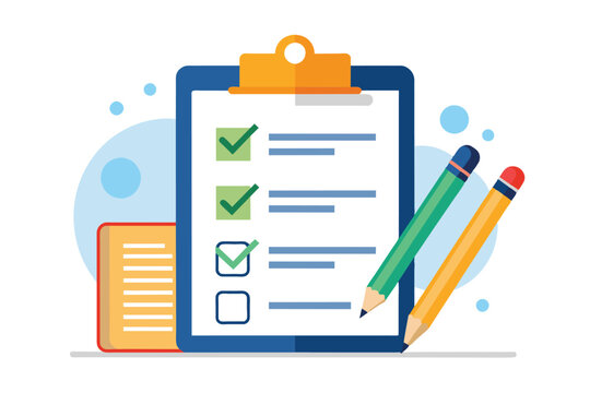 A simple illustration of a checklist with pencils and a notebook. The checklist has three checkboxes and a blank line for each item.