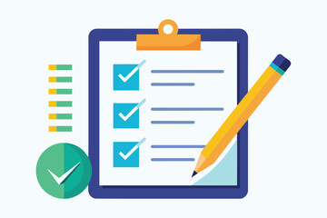 Colorful checklist illustration with yellow pencil and blue clipboard. Three green checkboxes with green check marks and five lines for writing items.