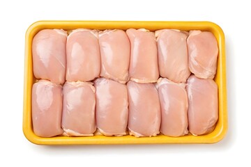 Raw chicken thighs in yellow tray isolated on white background