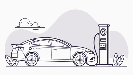 Electric car charging at station in flat line style with green tones, AI Generation