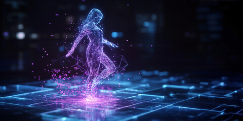 Digital Dance: A futuristic visualization of a female figure gracefully moving in a digital realm, highlighting the fusion of technology and artistic expression. 