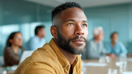 Fototapeta premium A focused african-american man with a beard considers options during a meeting, gazing upward.