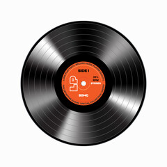 Vinyl record with orange paper label. Vector isolated on white background.	