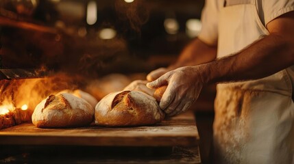 A baker places freshly baked loaves of bread on a wooden surface