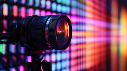 Capturing the vibrant essence of modern photography: a professional camera lens against a mesmerizing backdrop of colorful, blurred light panels creating a dynamic visual symphony