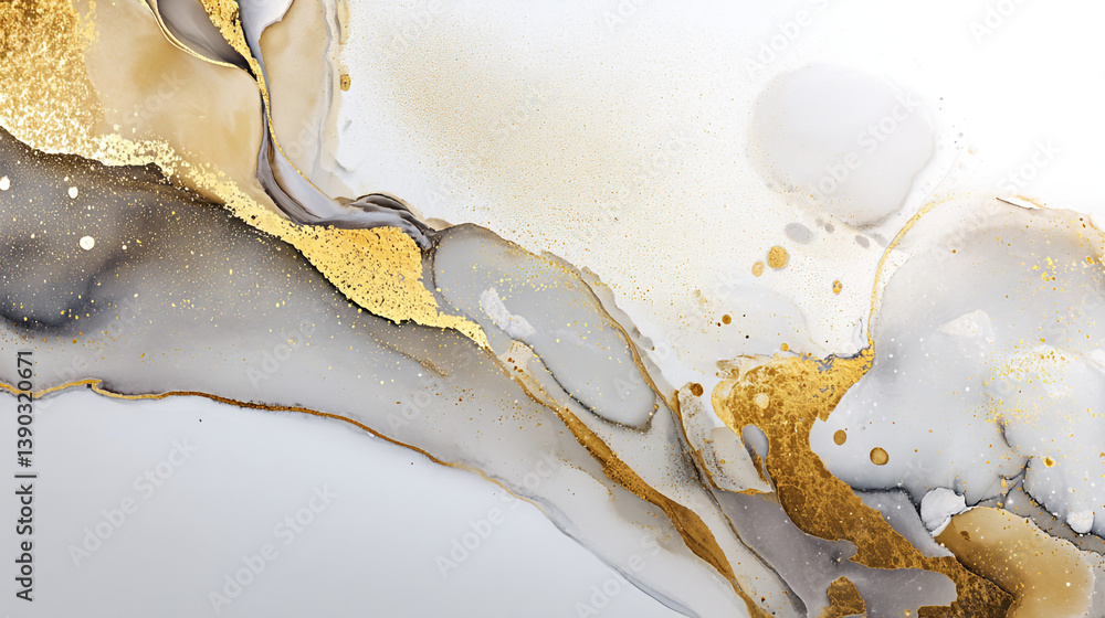 Poster abstract fluid art with gold accents and gray swirls on a white background in a diagonal pattern