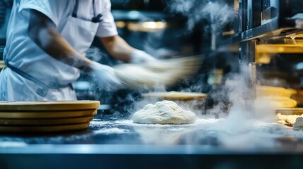 A baker preparing dough with flour inside a commercial kitchen