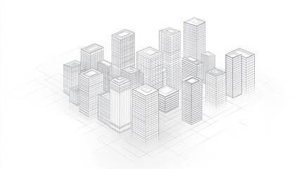 Cityscape Outline, Isometric Perspective, Urban Scene, Digital Illustration, Background for Design, Abstract Architecture, Design Element, Vector Art