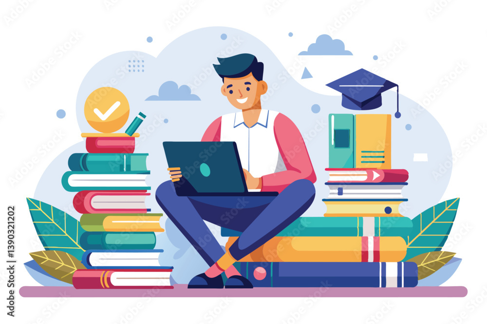 Poster a happy student sits surrounded by books, using a laptop to learn. a graduation cap sits atop a stac