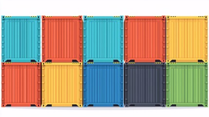 Fototapeta premium minimalist flat design of stacked shipping containers in vibrant colors, arranged in a geometric pattern against a white background, showcasing modern logistics and transportation concepts. 