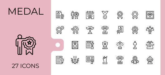 Award linear icon collection. Related to champion, reward, success, championship, badge, competition and more. Thin icons set. Reward line icon set. Editable stroke vector art.