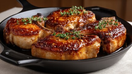 An inviting view of perfectly cooked pork chops lightly glazed and adorned with aromatic herbs, all set within a classic cast iron skillet that exudes warmth and homeliness.