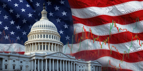 US Capitol and American Flag with Stock Market Chart Symbolizing National Debt and Economic Challenges Generative AI