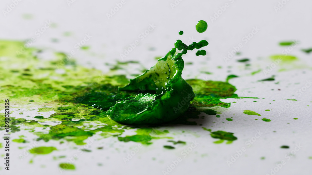 Poster a vibrant green splash of liquid paint creating a dynamic abstract pattern on a white surface view