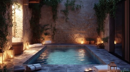 Serene Indoor Pool Surrounded by Natural Elements and Soft Lighting in Cozy Atmosphere