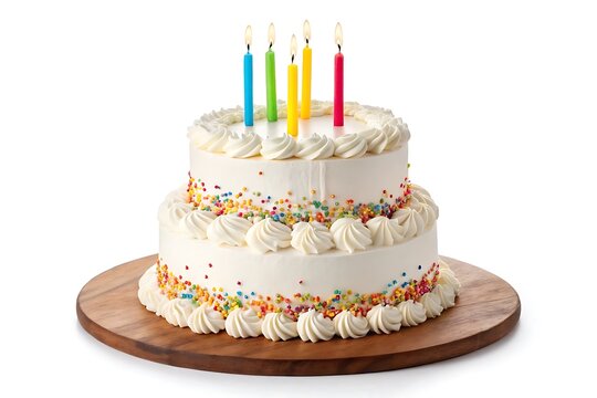 Two tier birthday cake with candles isolated on white background