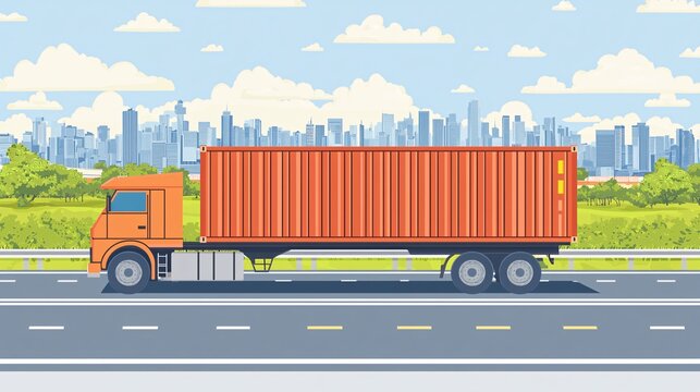 flat vector illustration of a container truck on a highway, with a parallax effect background showing cities and landscapes passing by, symbolizing long-distance freight transport. flat design, 