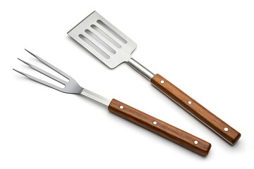 Grilling utensils set, spatula and fork isolated on white background