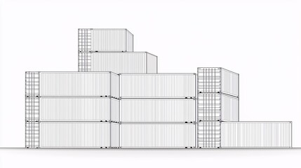monochrome line art illustration of stacked shipping containers with intricate geometric patterns, suitable for logos, branding, or tattoo designs with an industrial aesthetic. monochrome, line 