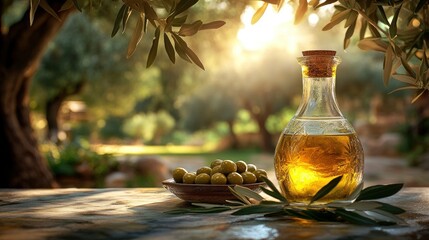 Golden olive oil in the sunlit garden