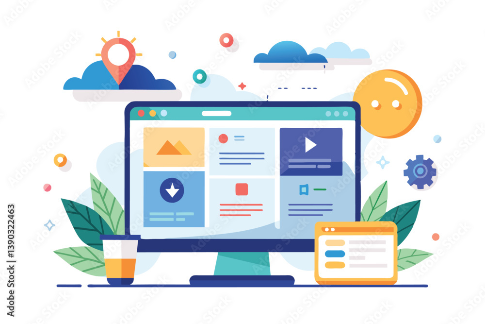 Poster a modern desktop computer displays a website design with various icons, including a cloud, video, an