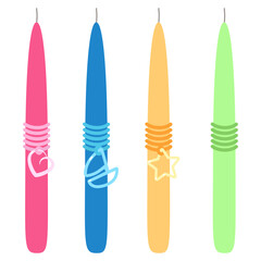 Set of colored Easter large candles for children. Greek traditions. Isolated vector illustration on white background.