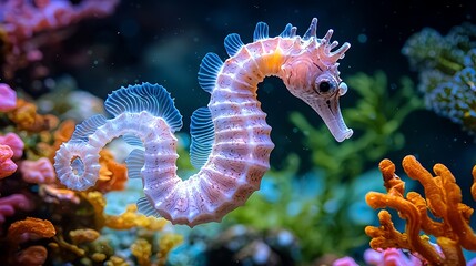 Baby seahorse in vibrant coral reef
