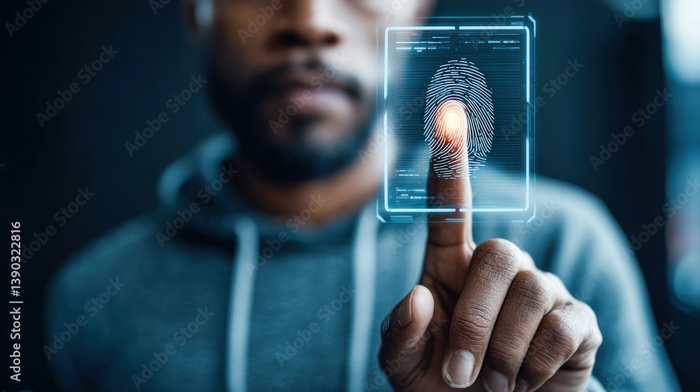 Poster an individual activating a digital interface with a fingerprint scan for security and access.