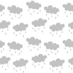 simple seamless pattern with grey clouds and rain drops on white background 