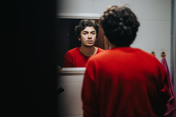 A young man in a red shirt stares into a bathroom mirror, reflecting a contemplative and thoughtful...