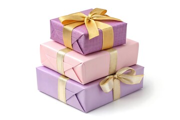 Obraz premium Stack of pastel gift boxes with gold ribbons isolated on white background