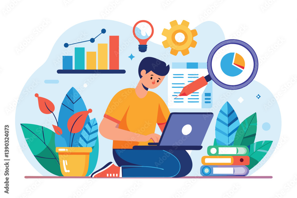 Poster a man sits on the floor with a laptop, surrounded by data analysis charts, graphs, a magnifying glas