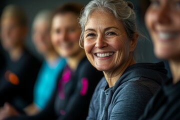 Smiling wide angle real portrait of a group of a real senior women in sports clothes in a gym